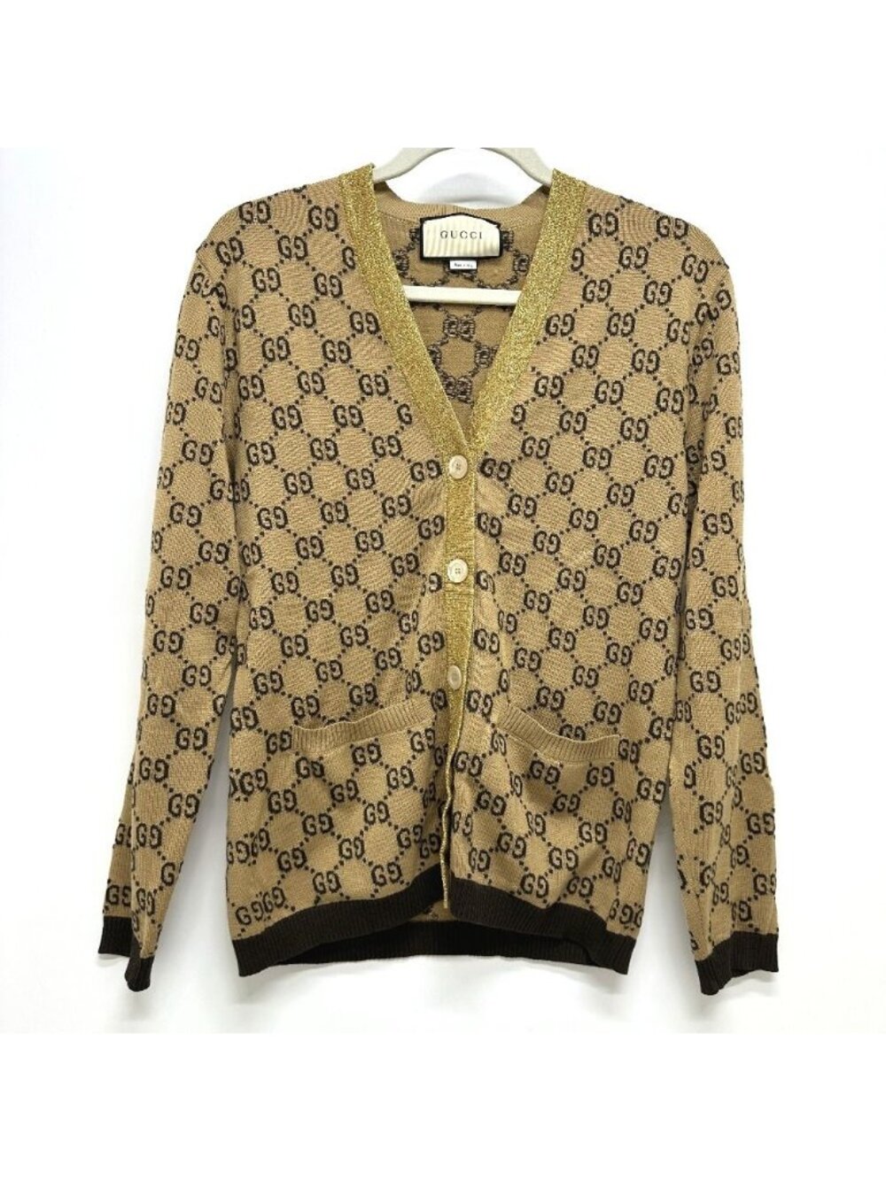 Gucci Digan Lame Contrast GG Pattern U-le Brown Cardigan